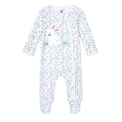 Baby girls' white floral print bunny applique sleepsuit